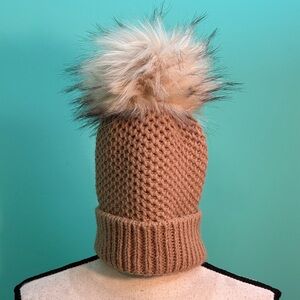 Cozy Tan Knit Beanie with Faux Fur Pom